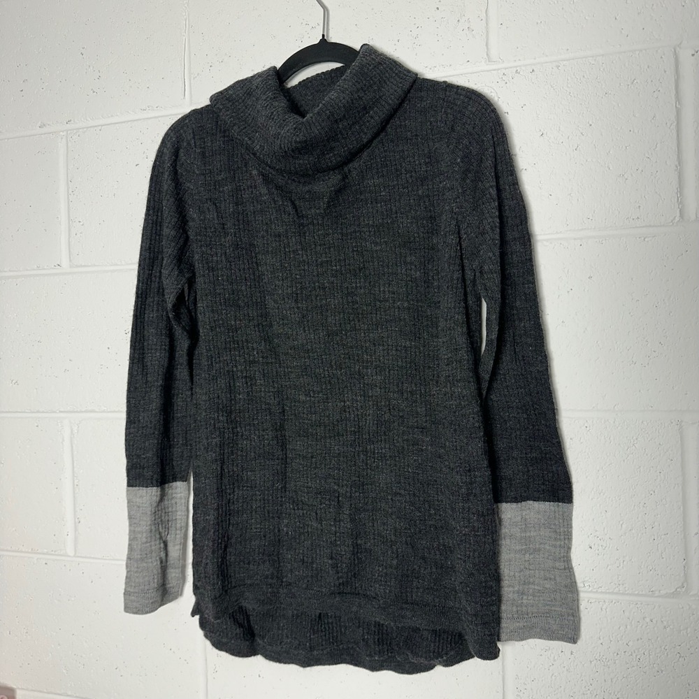Prana Cowl Neck Wool Blend Sweater Charcoal Grey Ribbed Knit Womens Large L